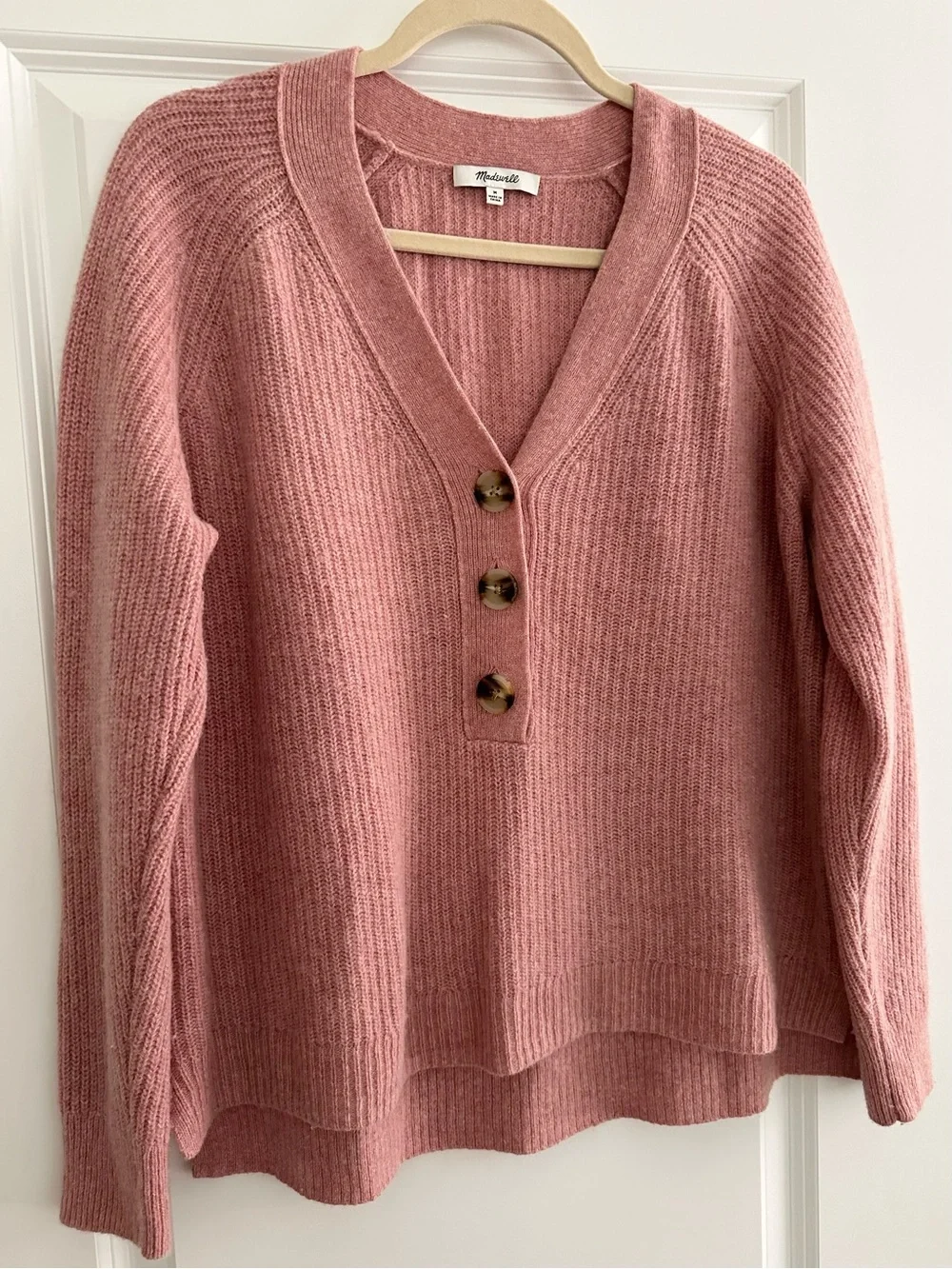 Madewell Merino Wool Pink V-Neck Button Front Lyle Rib Henley Pullover Sweater